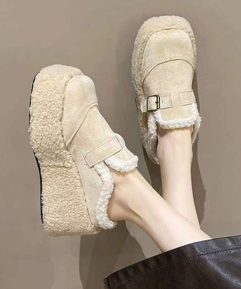 Beige Fuzzy Wol Gevoerde Pantoffels Schoenen Platform Sleehak