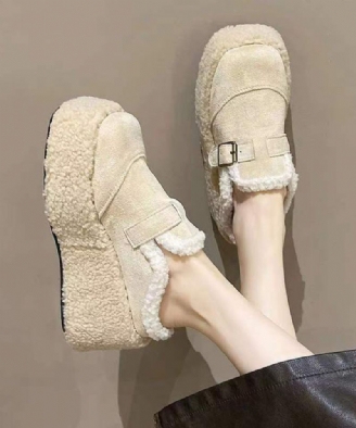 Beige Fuzzy Wol Gevoerde Pantoffels Schoenen Platform Sleehak