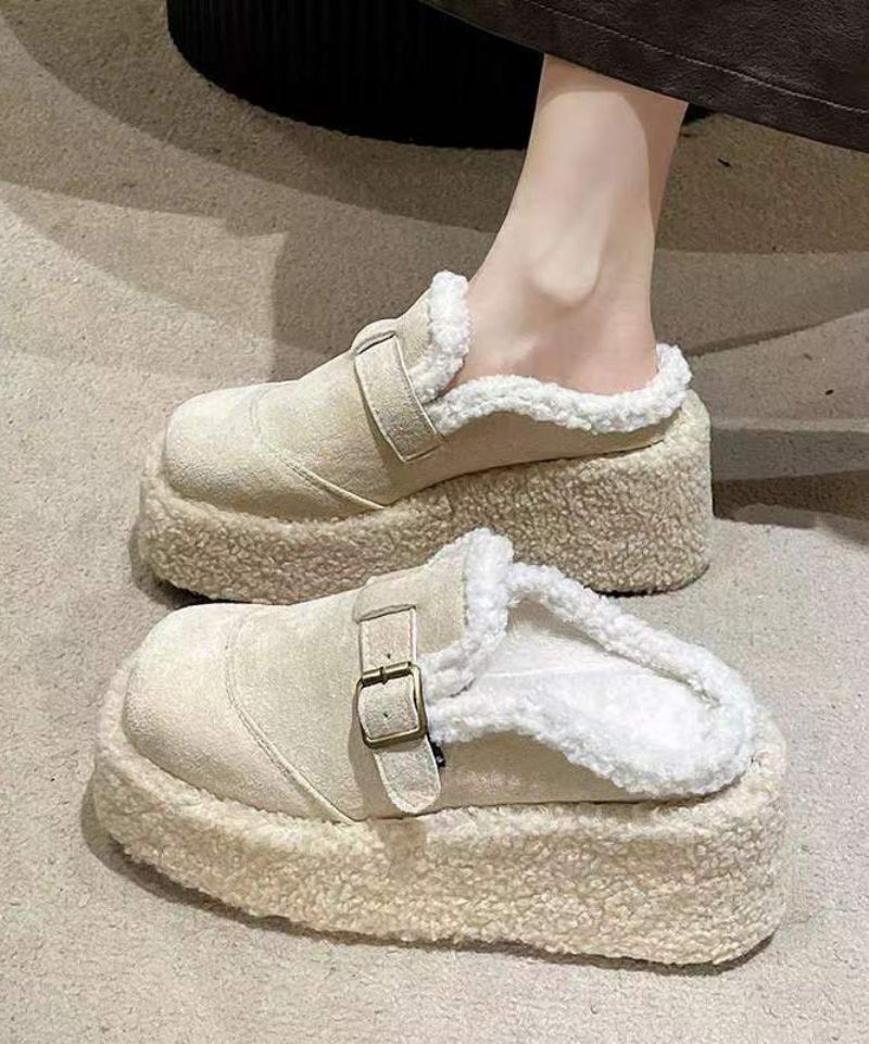 Beige Fuzzy Wol Gevoerde Pantoffels Schoenen Platform Sleehak - Dames wollen jassen