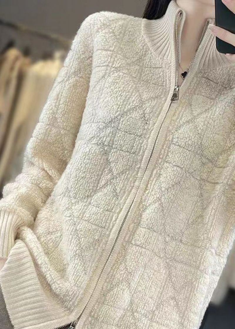 Beige Gezellige Patchwork Wollen Jassen Opstaande Kraag Met Lange Mouwen - Dames wollen jassen