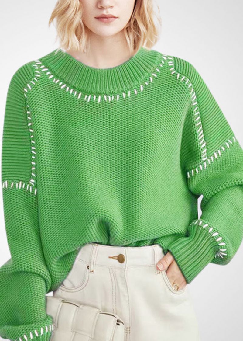 Boheemse Groene O-hals Oversized Dikke Wollen Korte Trui Winter