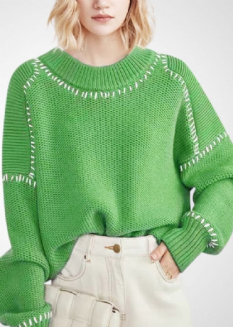 Boheemse Groene O-hals Oversized Dikke Wollen Korte Trui Winter