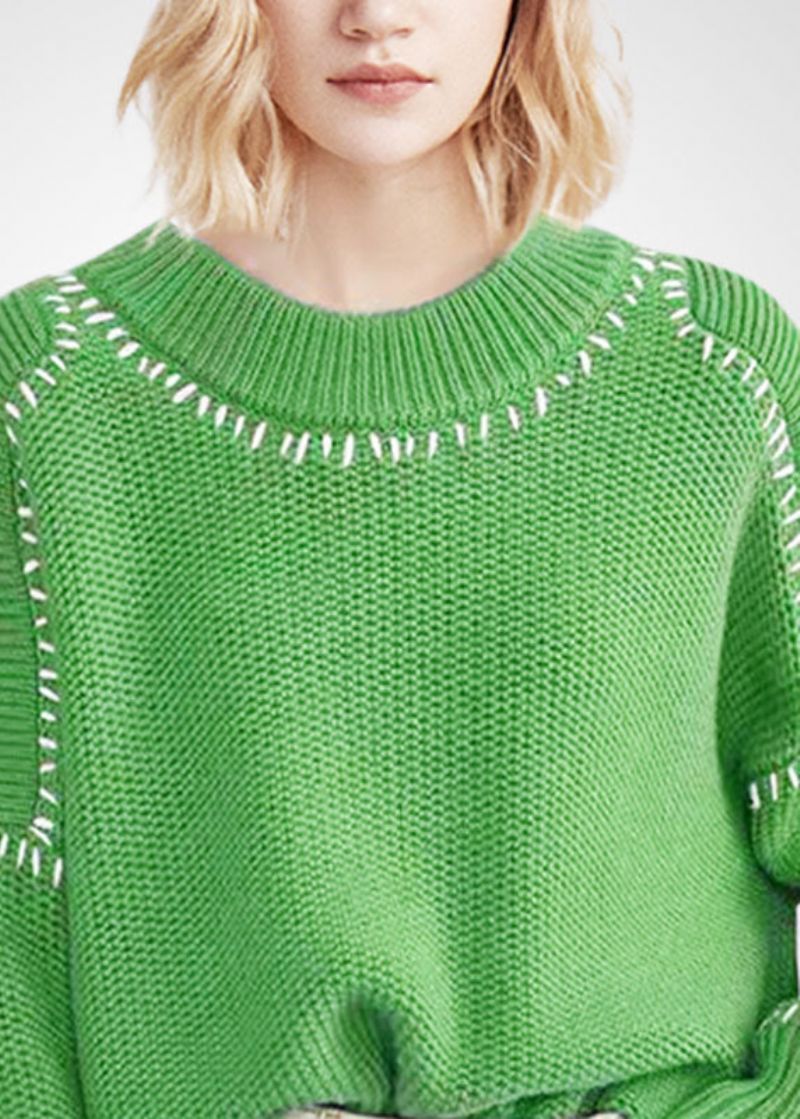 Boheemse Groene O-hals Oversized Dikke Wollen Korte Trui Winter - Dames wollen jassen