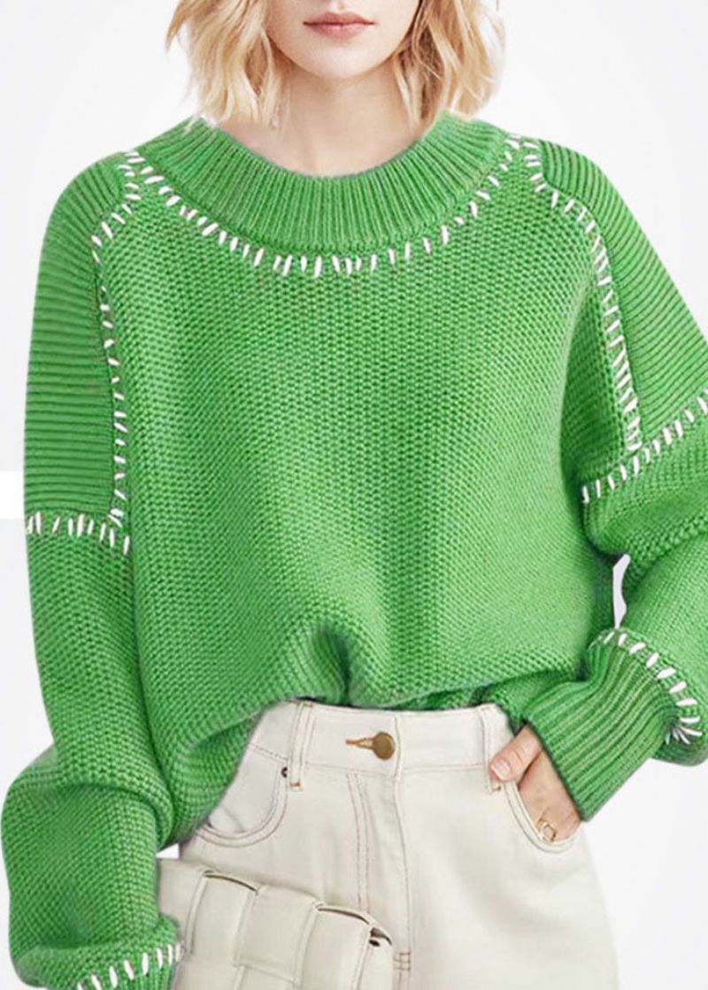 Boheemse Groene O-hals Oversized Dikke Wollen Korte Trui Winter - Dames wollen jassen