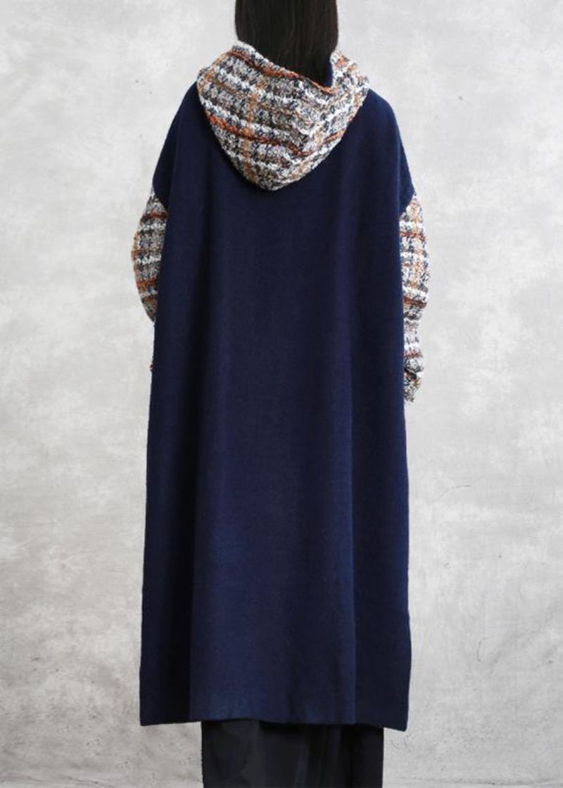 Boutique Casual Lange Winterjas Blauw Geruite Patchwork Wollen Overjas Met Capuchon - Dames wollen jassen