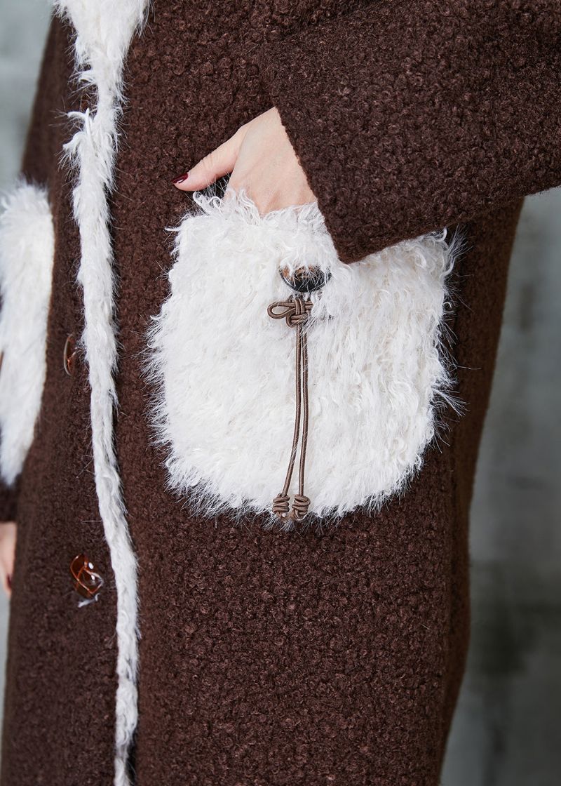 Boutique Chocolade Patchwork Zakken Fleece Wol Gevoerde Trenchcoat Winter - Dames wollen jassen