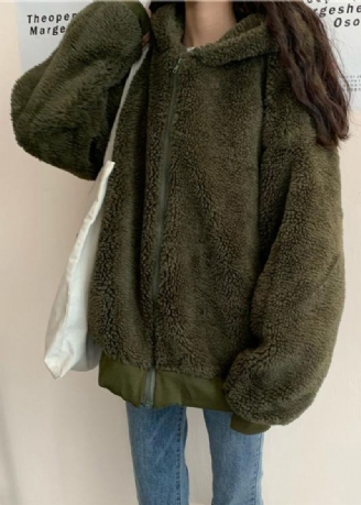 Boutique Oversized Middellange Jas Winteruitloper Groene Wollen Jassen Met Capuchon