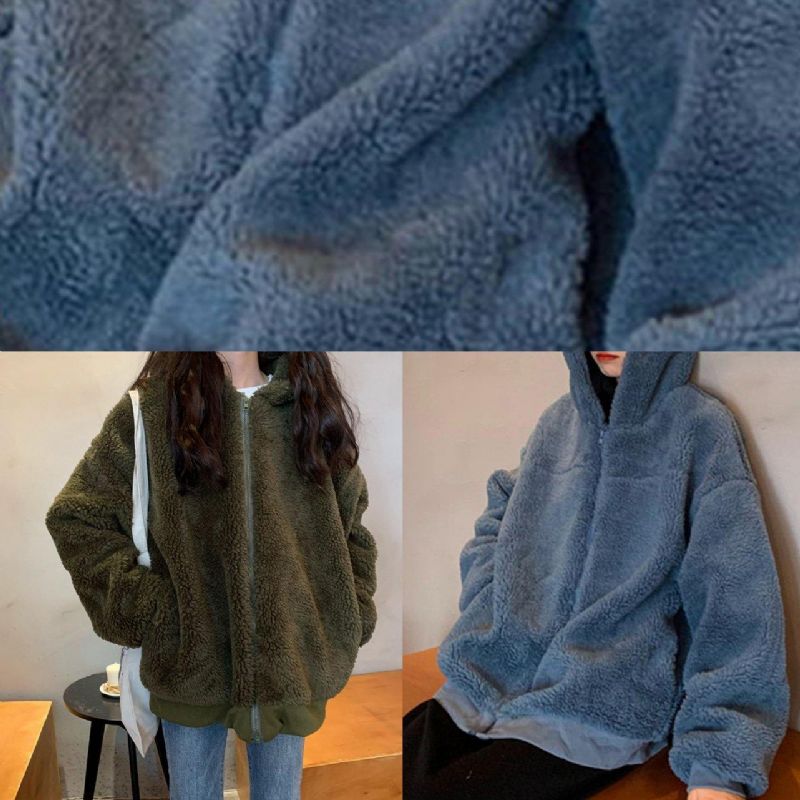 Boutique Oversized Middellange Jas Winteruitloper Groene Wollen Jassen Met Capuchon - Blauw