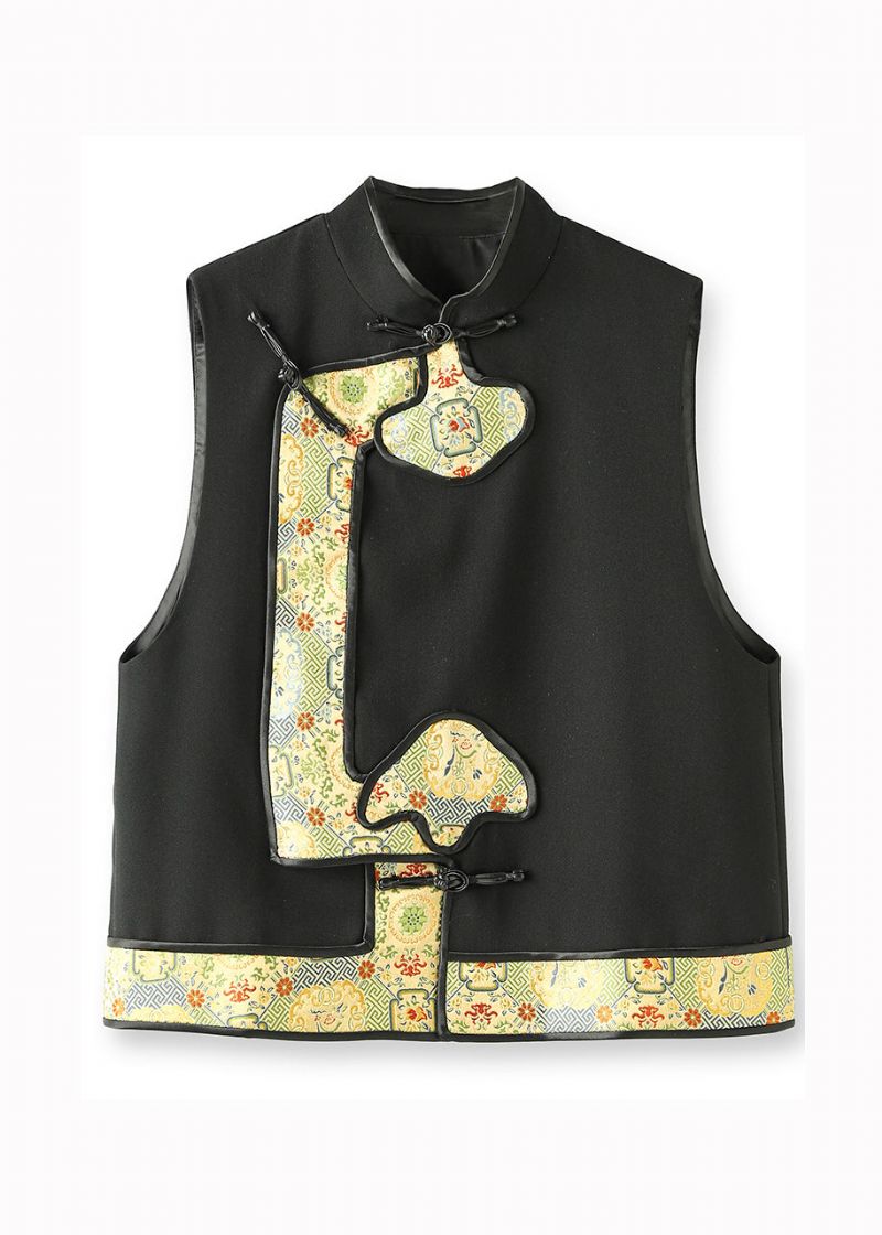 Boutique Zwart Opstaande Kraag Jacquard Patchwork Wollen Vest Zonder Mouwen - Dames wollen jassen