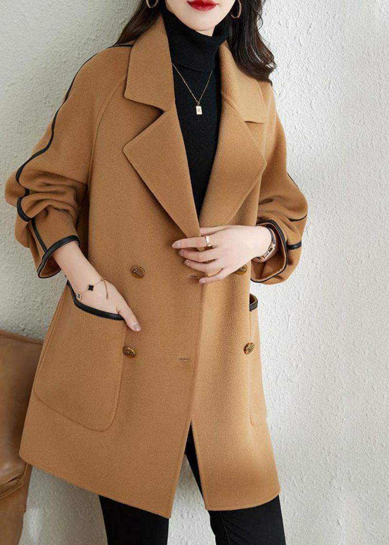 Camel Patchwork Wollen Trench Oversized Double Breast Fall - Dames wollen jassen