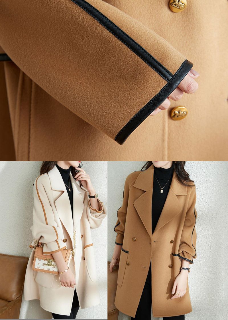 Camel Patchwork Wollen Trench Oversized Double Breast Fall - Dames wollen jassen