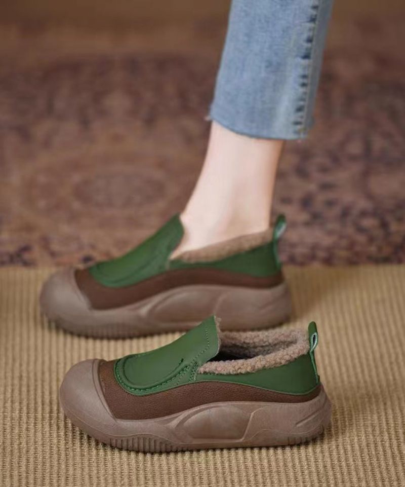 Casual Donkergroene Platform-penny-loafers Kunstleer Pluizige Wol Gevoerd