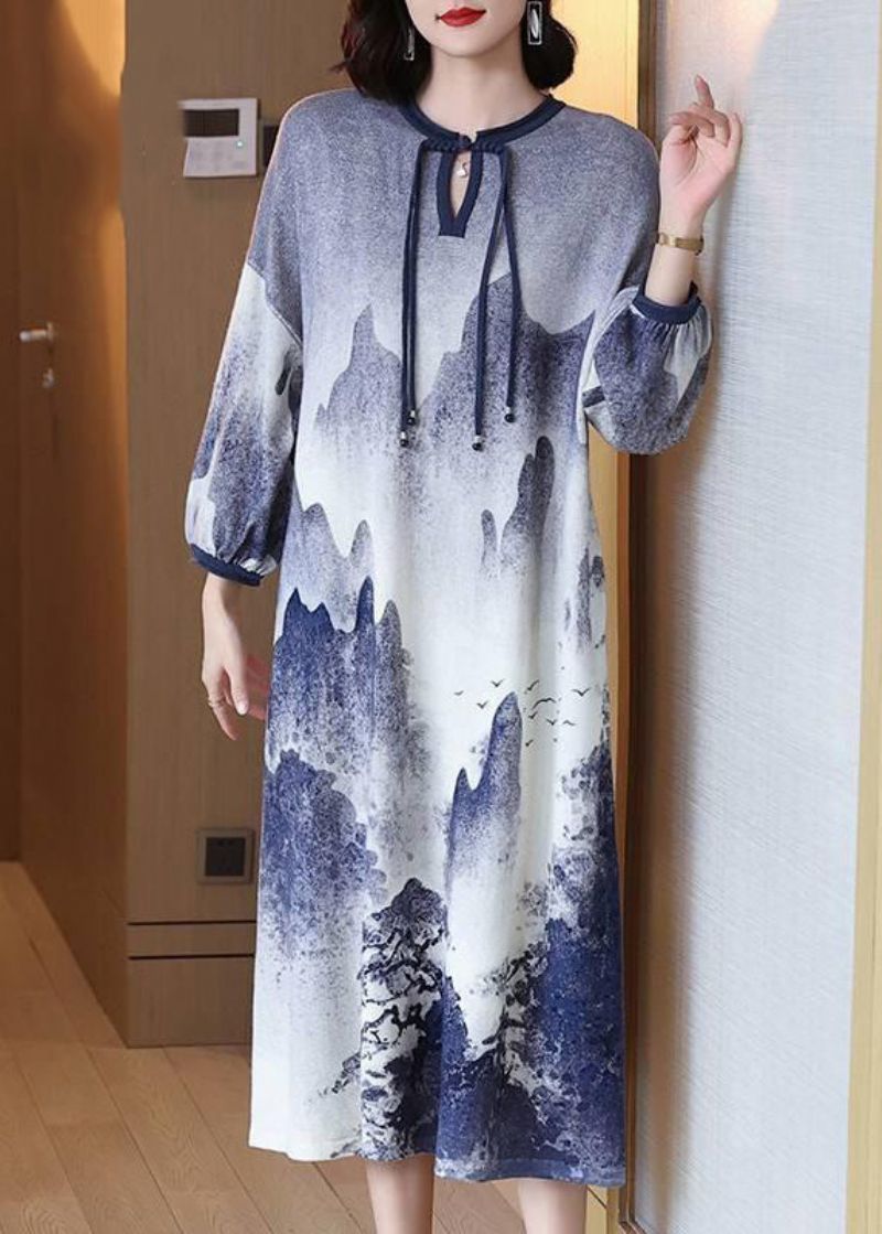 Chinese Stijl Blauwe Knoop Tie-dye Wol Lange Jurken Lente - Dames wollen jassen