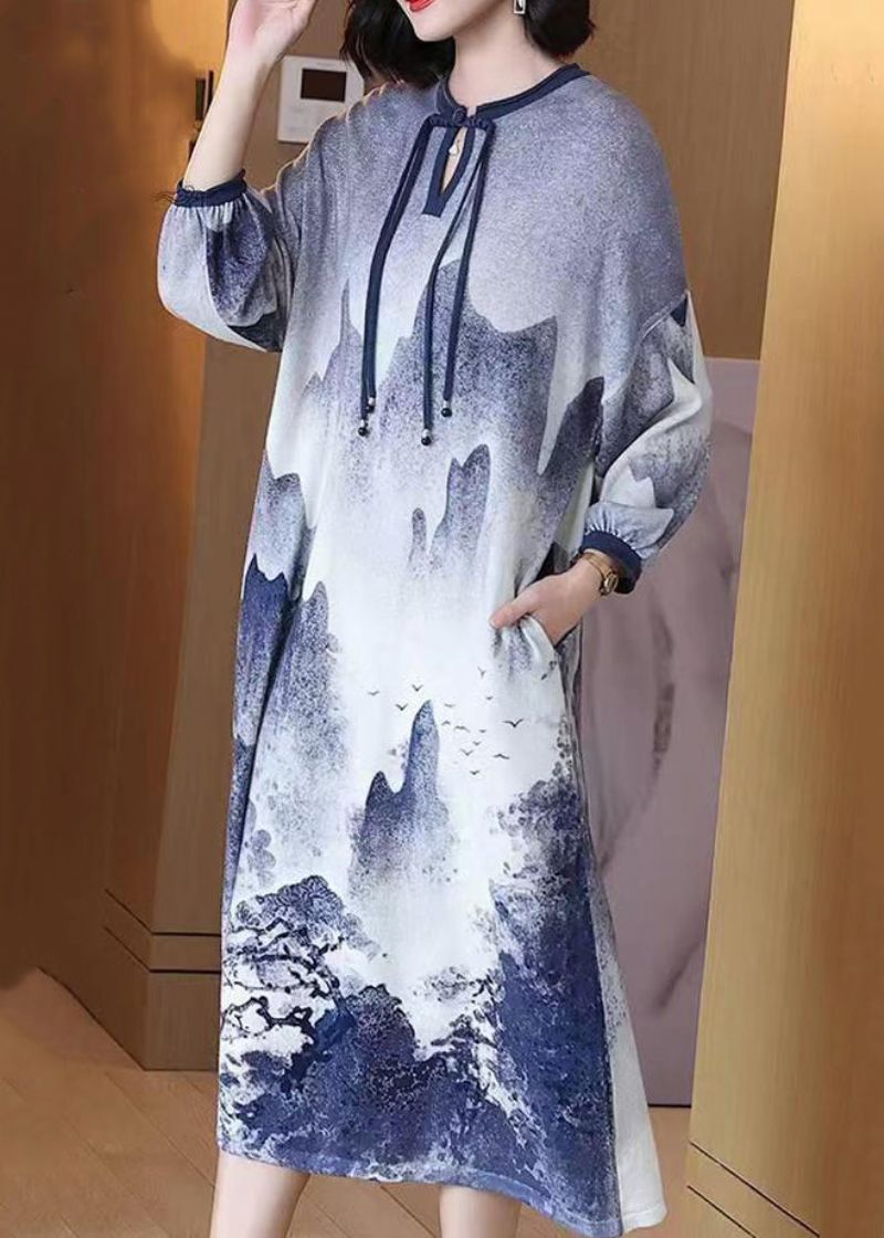 Chinese Stijl Blauwe Knoop Tie-dye Wol Lange Jurken Lente - Dames wollen jassen