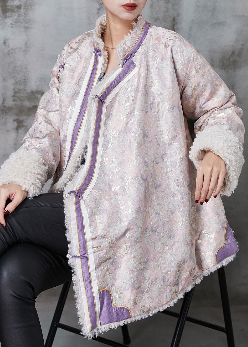 Chinese Stijl Roze Jacquard Fleece Wol Gevoerde Jassen Lente - Dames wollen jassen