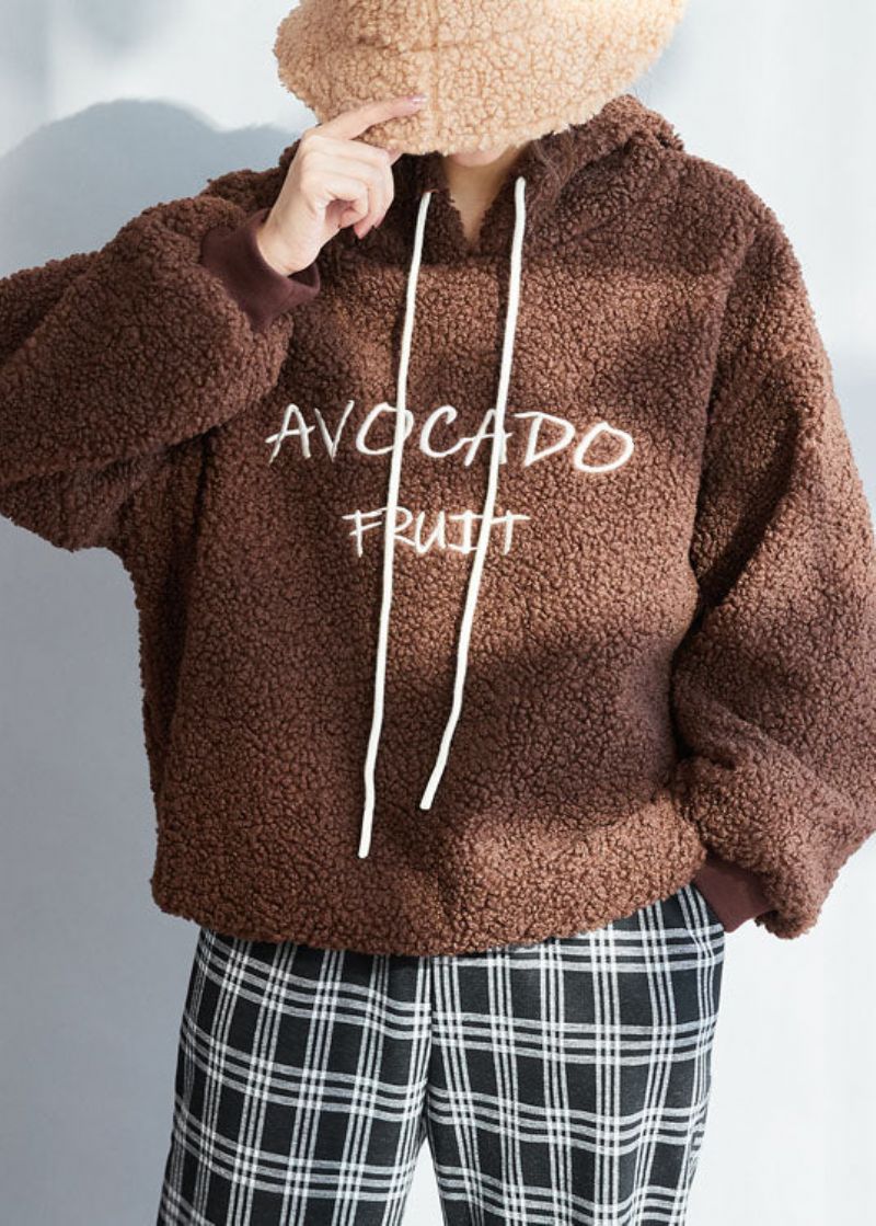 Chocolade Dikke Fleece Wollen Sweatshirt Streetwear Letter Geborduurd Winter - Koffie