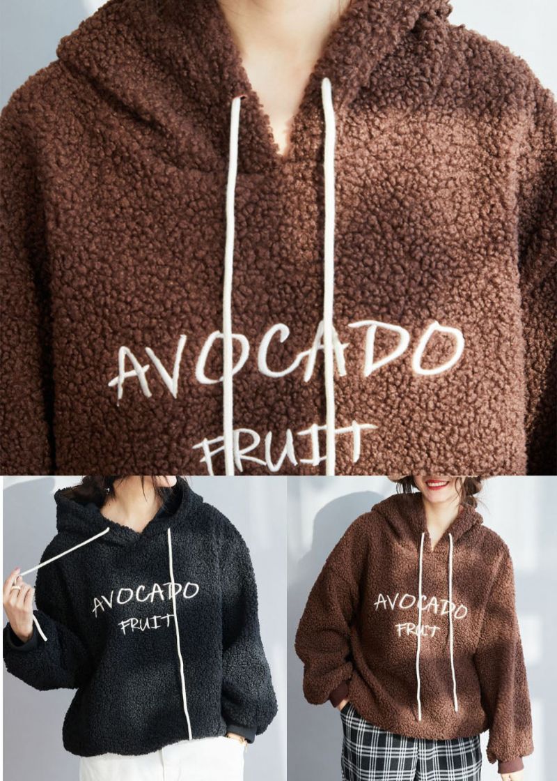 Chocolade Dikke Fleece Wollen Sweatshirt Streetwear Letter Geborduurd Winter - Koffie