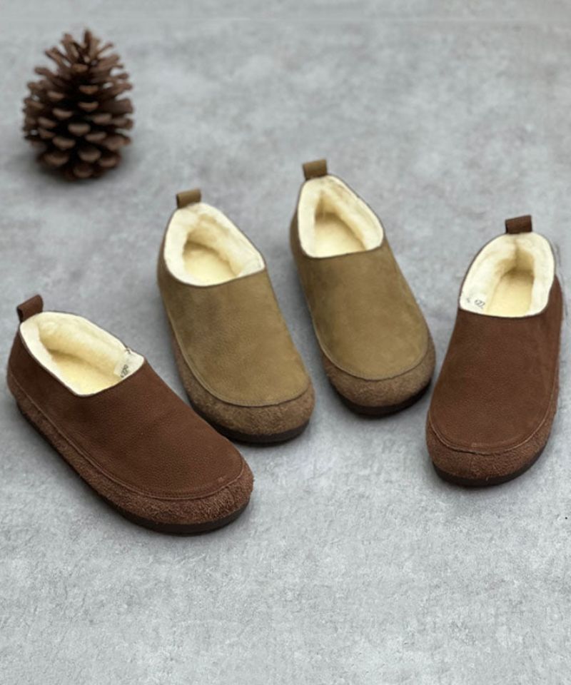 Chocolade Flats Rundleer Casual Pluizige Wol Gevoerde