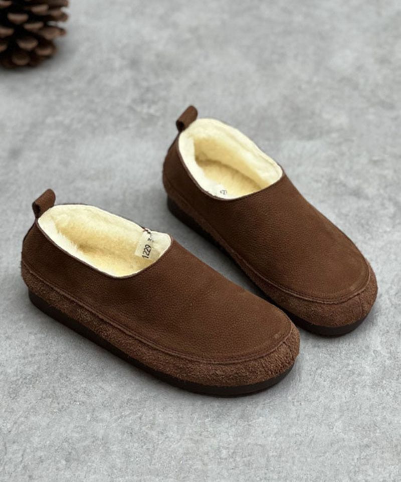 Chocolade Flats Rundleer Casual Pluizige Wol Gevoerde - Koffie