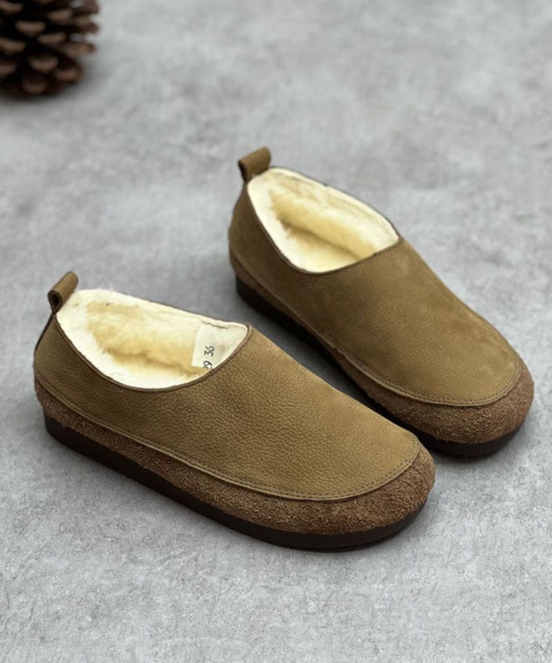 Chocolade Flats Rundleer Casual Pluizige Wol Gevoerde - Koffie