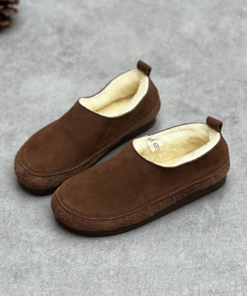 Chocolade Flats Rundleer Casual Pluizige Wol Gevoerde - Koffie