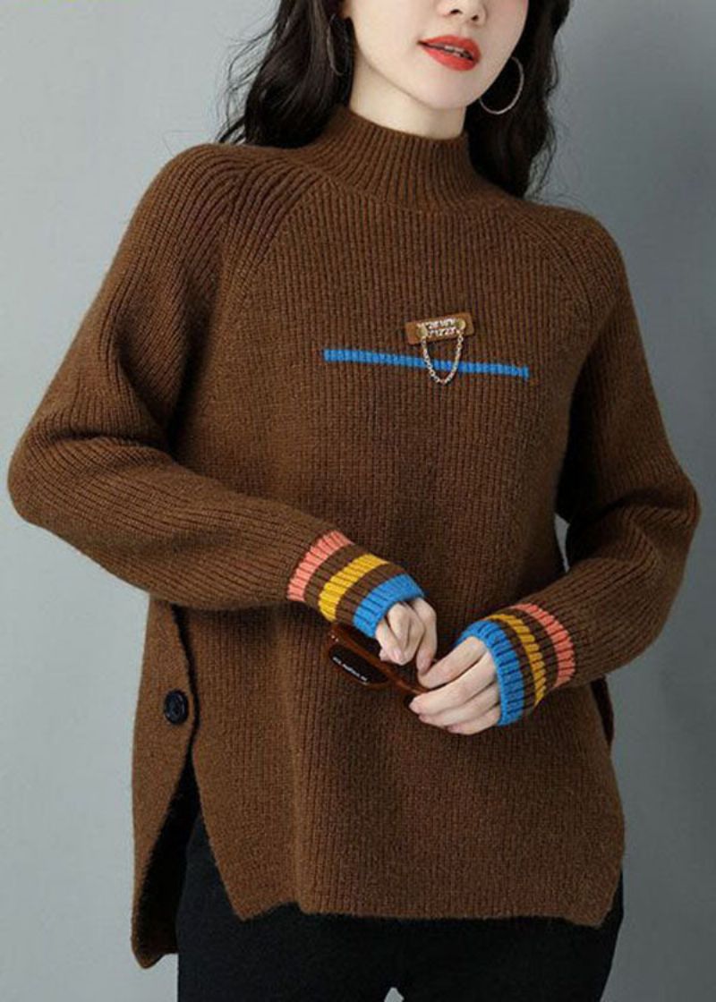 Chocolade Oversized Wollen Gebreide Trui Tops Hoge Hals Zijkant Open Winter