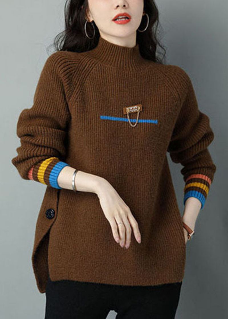 Chocolade Oversized Wollen Gebreide Trui Tops Hoge Hals Zijkant Open Winter - Dames wollen jassen