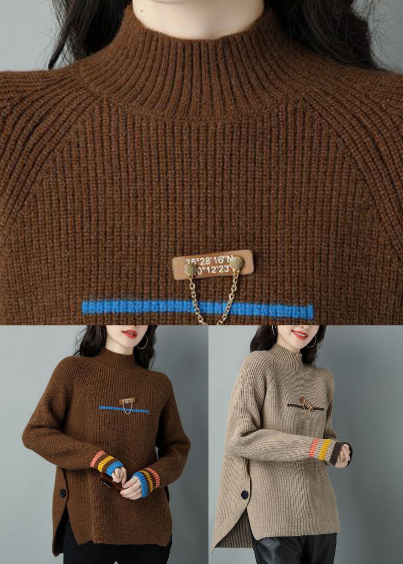 Chocolade Oversized Wollen Gebreide Trui Tops Hoge Hals Zijkant Open Winter - Dames wollen jassen