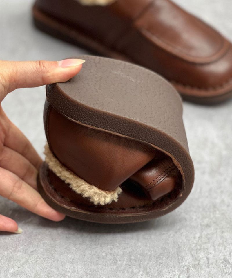 Chocolade Platte Schoenen Voor Dames Rundleer Casual Pluizige Wol Gevoerde - Koffie