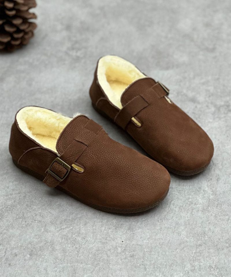 Chocolade Rundleer Flats Fuzzy Wol Gevoerde Comfortabele Met Gesp - Koffie