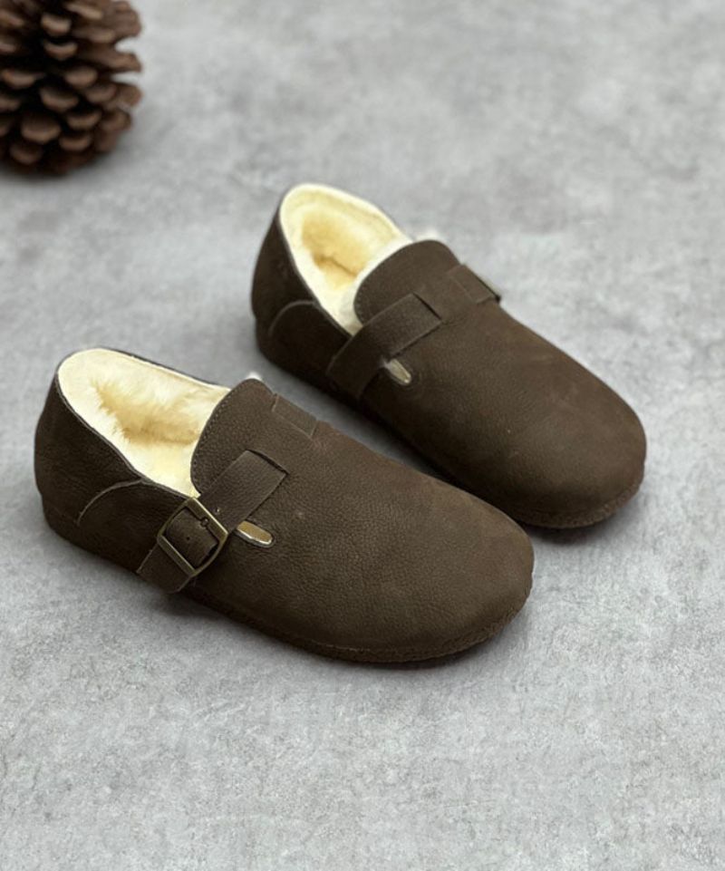 Chocolade Rundleer Flats Fuzzy Wol Gevoerde Comfortabele Met Gesp - Koffie