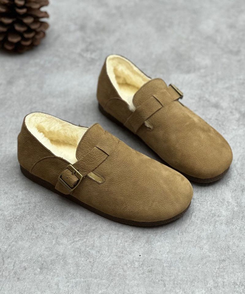 Chocolade Rundleer Flats Fuzzy Wol Gevoerde Comfortabele Met Gesp - Koffie