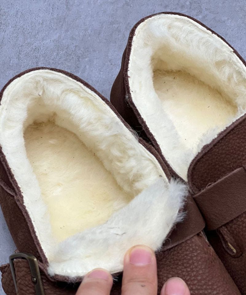 Chocolade Rundleer Flats Fuzzy Wol Gevoerde Comfortabele Met Gesp - Koffie