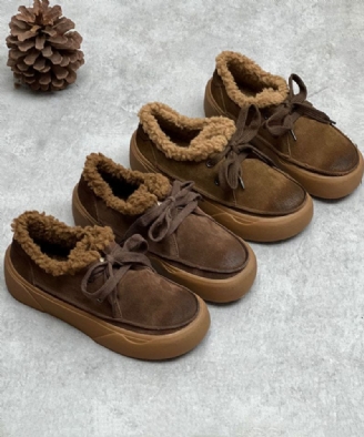 Chocolate Flats Platte Veterschoenen Voor Dames Fuzzy Wool Lined