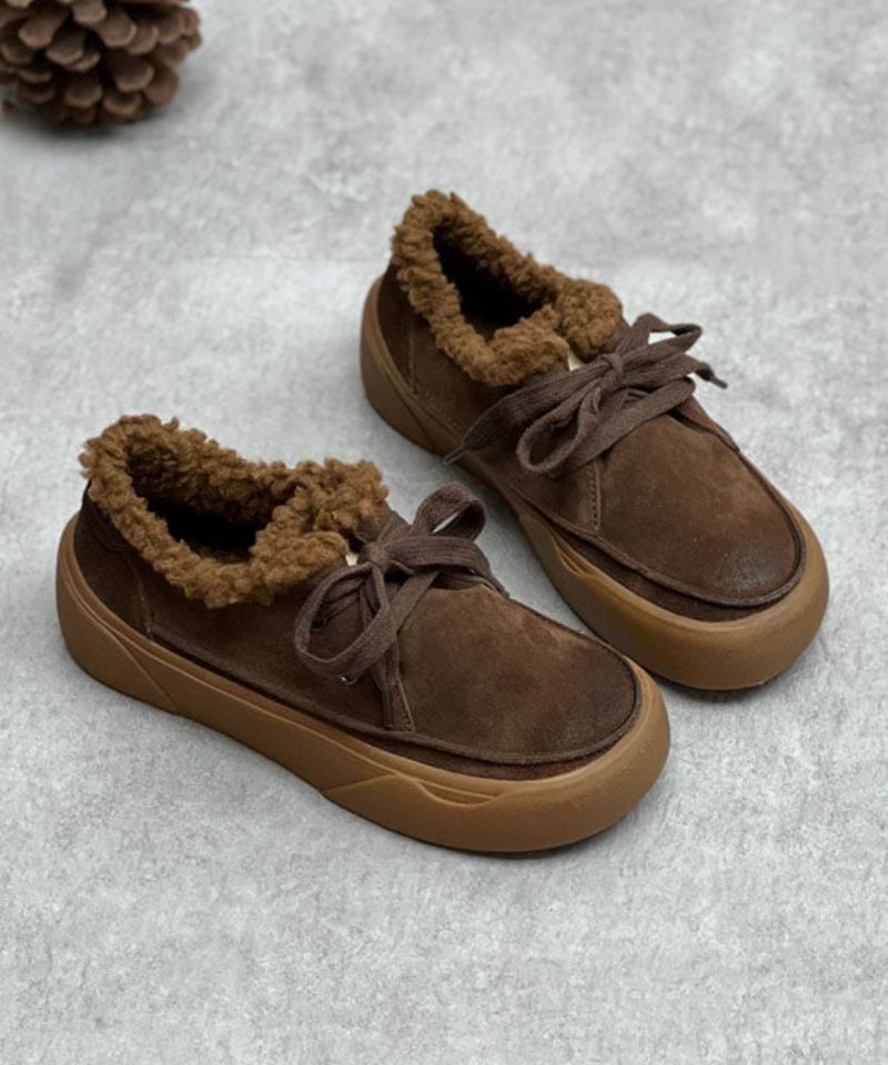 Chocolate Flats Platte Veterschoenen Voor Dames Fuzzy Wool Lined - Koffie