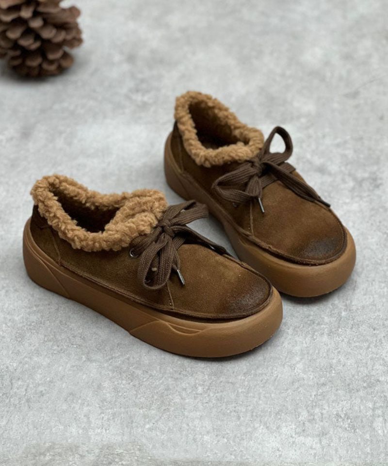 Chocolate Flats Platte Veterschoenen Voor Dames Fuzzy Wool Lined - Koffie