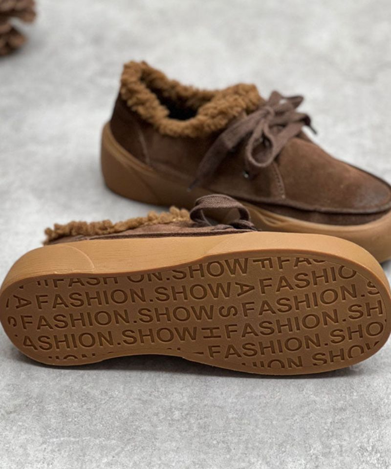 Chocolate Flats Platte Veterschoenen Voor Dames Fuzzy Wool Lined - Koffie