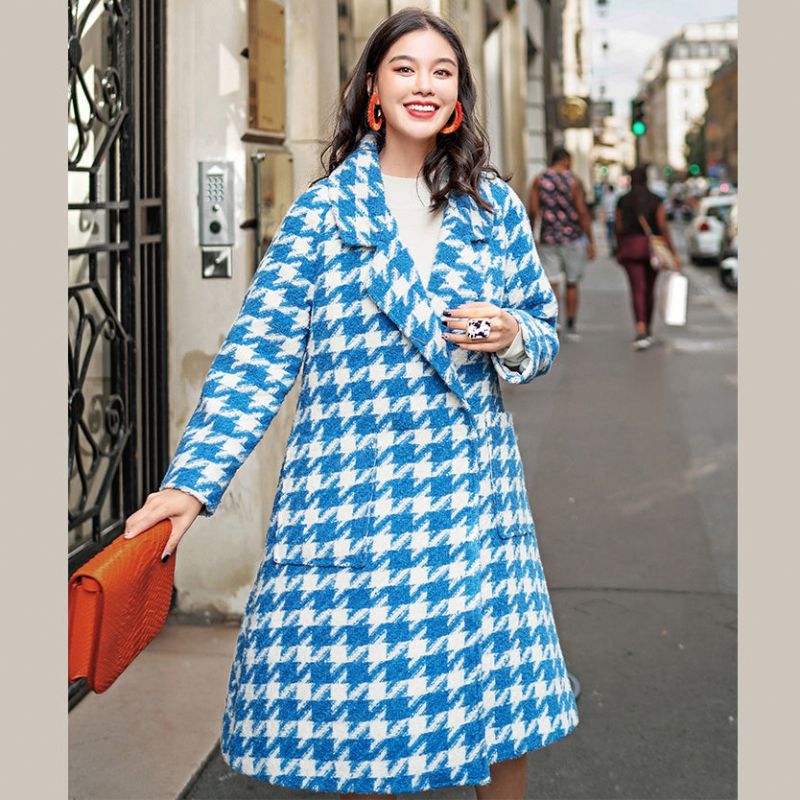 Dames Blauw Witte Geruite Wollen Jas Casual Gekerfde Lange Jas Boetiekzakken Jassen - Dames wollen jassen