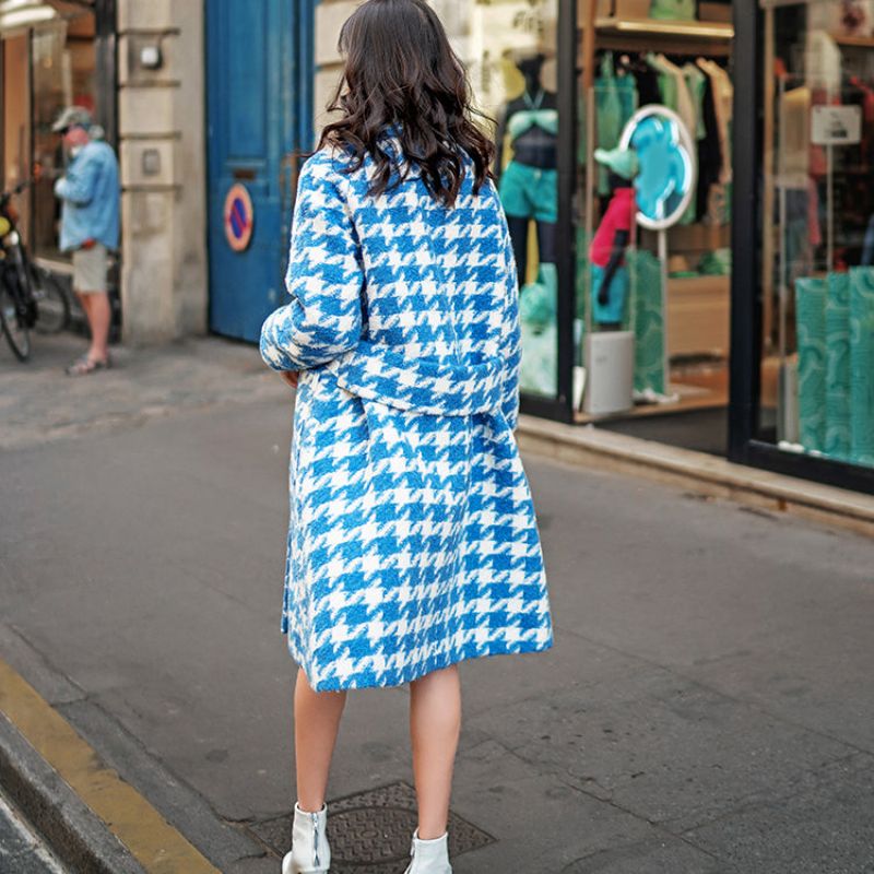 Dames Blauw Witte Geruite Wollen Jas Casual Gekerfde Lange Jas Boetiekzakken Jassen - Dames wollen jassen