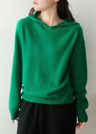 Dames Groene Capuchon Dikke Effen Kleur Wollen Truien Winter