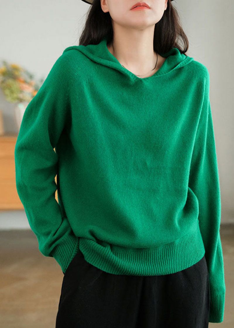 Dames Groene Capuchon Dikke Effen Kleur Wollen Truien Winter - Dames wollen jassen