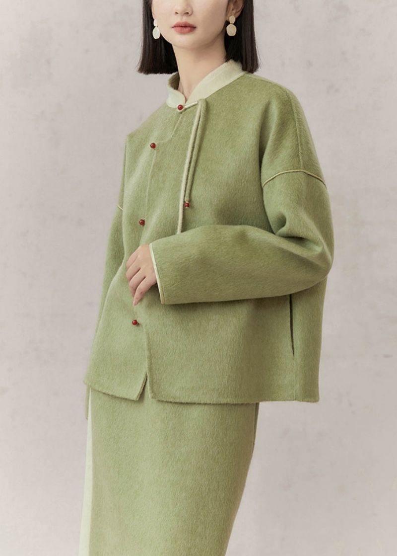 Dames Groene Opstaande Kraag Met Kwastjes En Patchwork Wollen Tweedelige Set Herfst - Dames wollen jassen