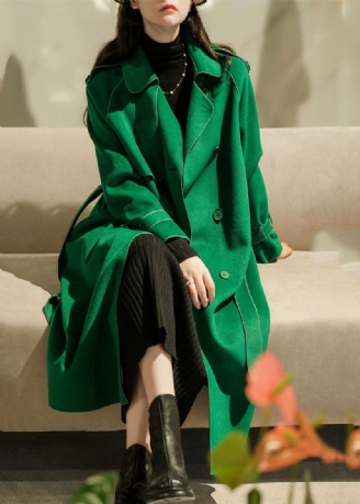 Dames Groene Peter Pan Kraag Effen Kleur Wollen Trenchcoats Winter