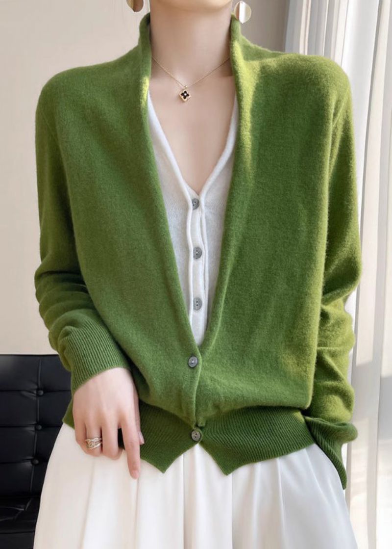 Dames Groene V-hals Knop Patchwork Wol Gebreide Top Herfst