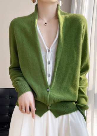 Dames Groene V-hals Knop Patchwork Wol Gebreide Top Herfst