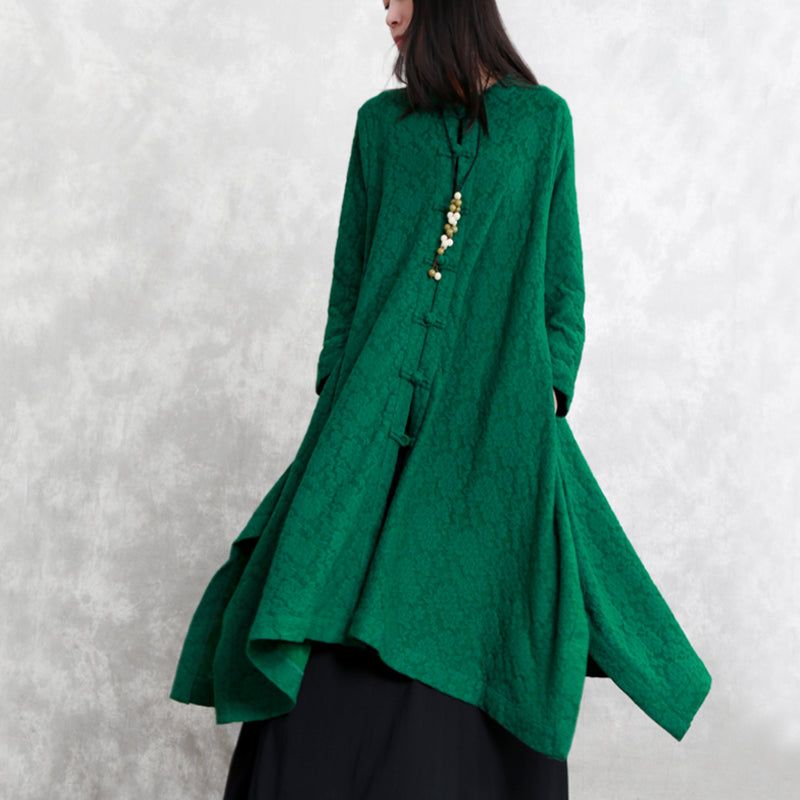 Dames Groene Wollen Jas Loszittende Standaard Asymmetrische Uitloper Boutique Lange Mouw Zakken Trenchcoat Met Grote Zoom - Dames wollen jassen