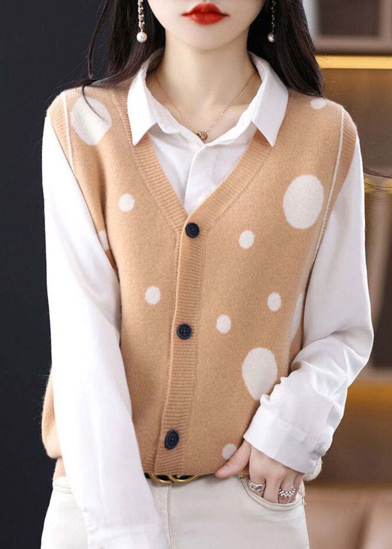 Dames Kameel V-hals Dot Patchwork Wollen Vest Tops Mouwloos - Dames wollen jassen