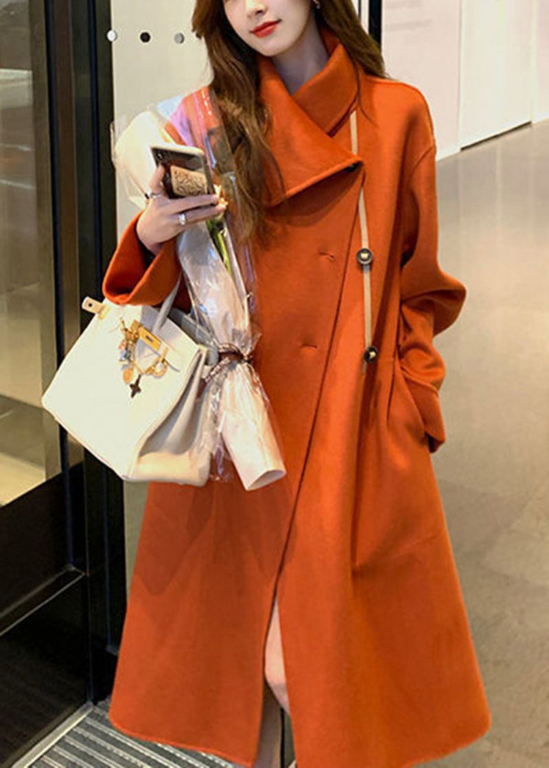 Dames Oranje Asymmetrische Stropdas Taille Wollen Trenchcoat Herfst