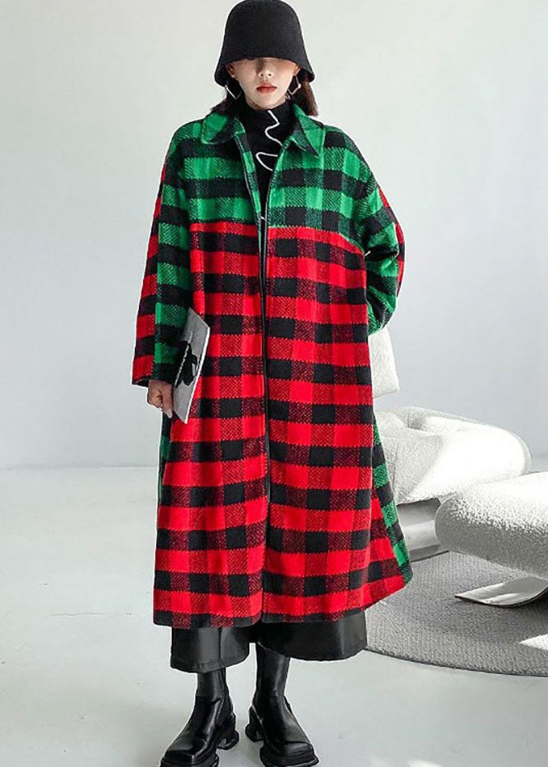 Dames Rood Groen Geruite Peter Pan Kraag Patchwork Wollen Trench Winter