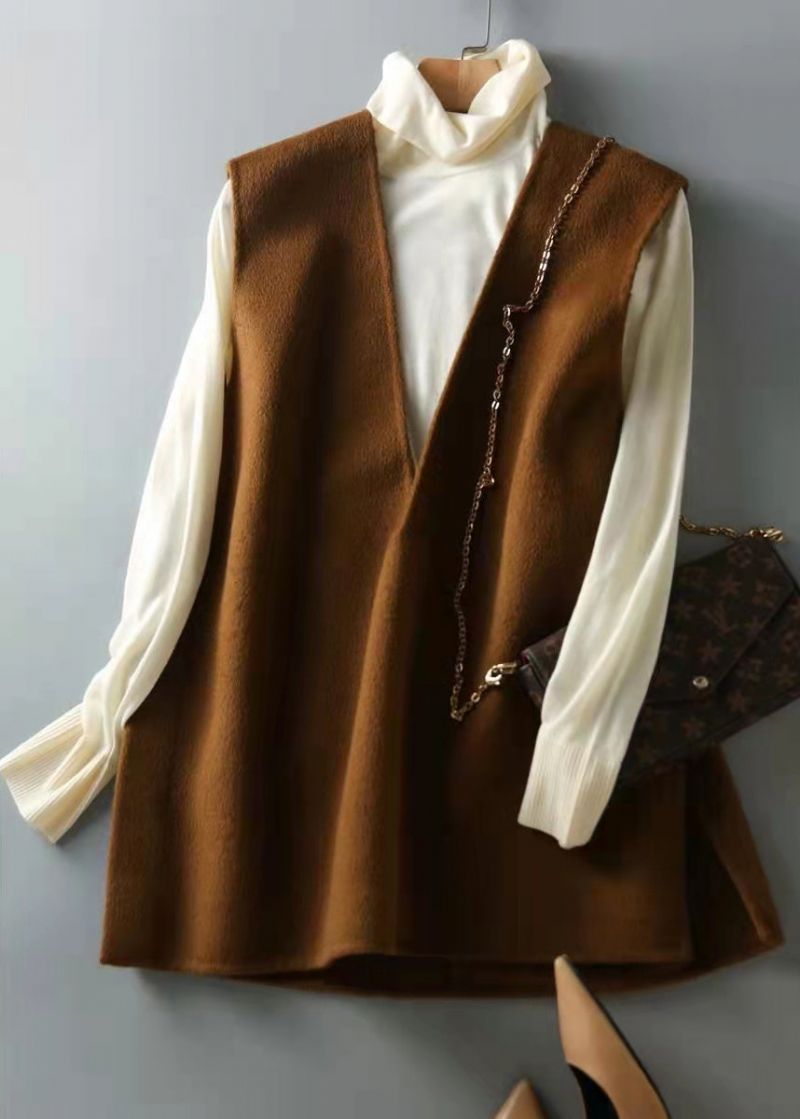 Elegant Bruin Chocolade Zij Open Knoop V-hals Wollen Vest Zonder Mouwen - Dames wollen jassen